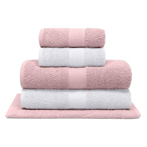 Jogo de Banho Bouton Natural Rosa/Branco 5Pçs(2 Toalhas de Banho + 2 Toalhas de Rosto + 1 Piso)