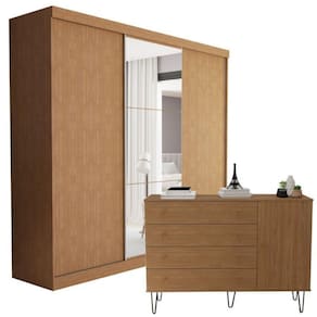 Conjunto Guarda-roupa Casal 3 Portas de Correr e Cômoda 1 Porta 4 Gavetas Carvalho