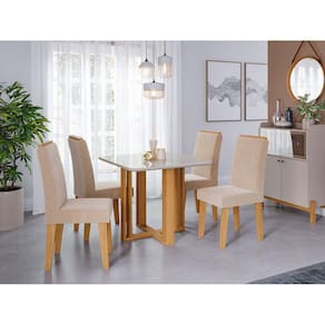 Sala de Jantar Flora Quadrada Tampo com Vidro com 4 Cadeiras Tais Marrom/Off White/Nude