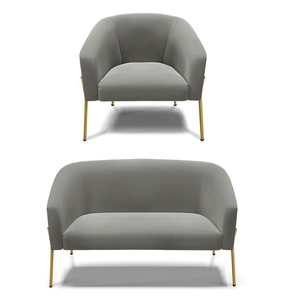 Sofá Namoradeira e Poltrona Pé de Ferro Dourado Stella Suede Grafite D03 - D`Rossi