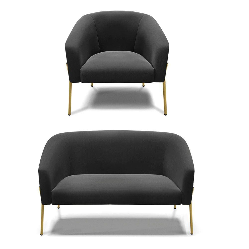 Sofá Namoradeira e Poltrona Pé de Ferro Dourado Stella Suede Preto D03 - D`Rossi