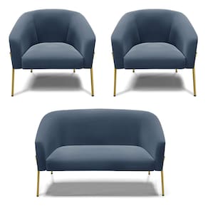 Sofá Namoradeira e 2 Poltronas Pé de Ferro Dourado Stella Suede Azul Marinho D03 - D`Rossi
