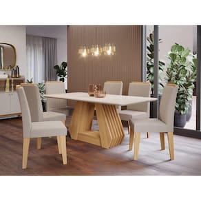 Sala de Jantar Agata 180cm com 6 Cadeirasnicole marrom off white/linho bege