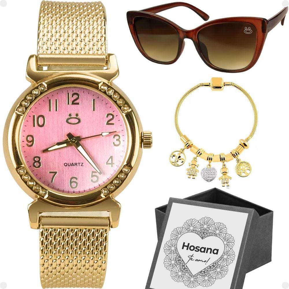 relogio feminino aço dourado + oculos sol + pulseira + caixa