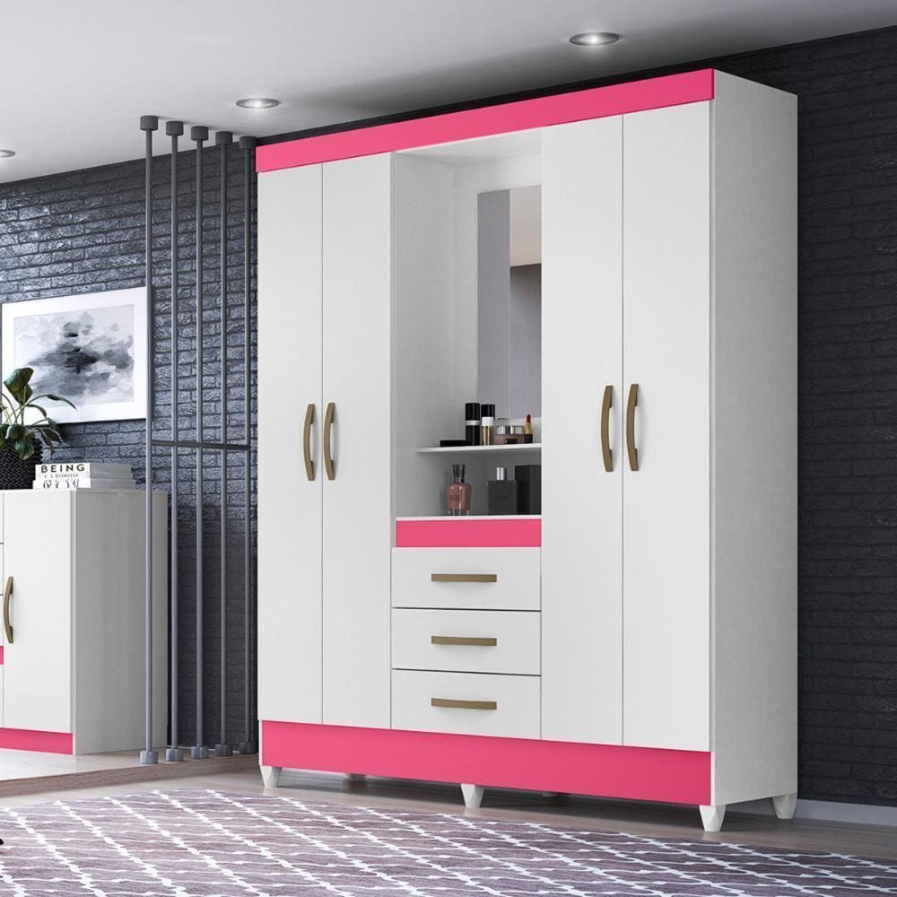 Guarda Roupa Casal 4 Portas Com Espelho 3 Gavetas Branco / Rosa Capri - Moval
