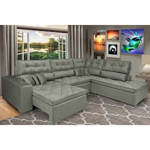 Sofa De Canto Retrátil E Reclinável Com Molas Cama Inbox Platinum 3,00x2,36 Tecido Suede Cinza