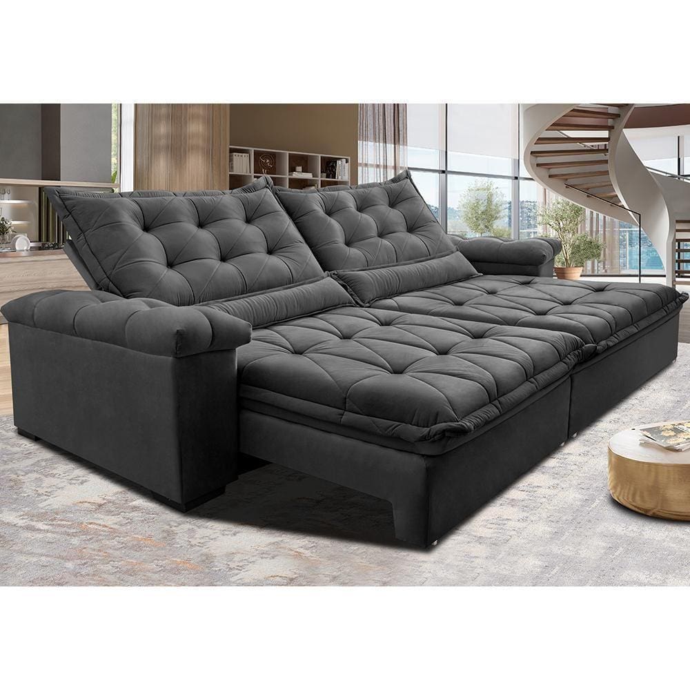 Sofá Retrátil E Reclinável 2,35M Cama Inbox Big Fresh Com Softgel D40 Velupluma Cinza