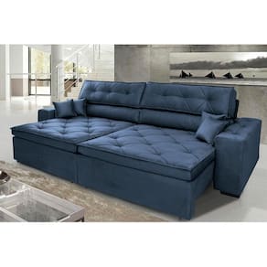 Sofá Austin 2,02m Retrátil, Reclinável Com Molas No Assento E Almofadas, Suede Azul Cama Inbox