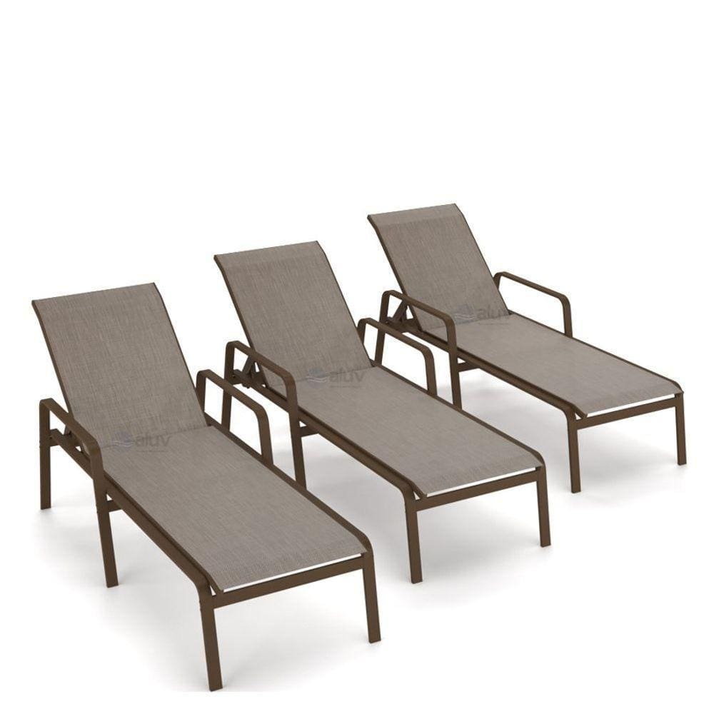 Kit 3 Espreguiçadeira Piscina Alumínio Marrom Tela Mocca