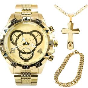 Relogio masculino aço banhado ouro + pulseira + crucifixo pesado spaceman qualidade premium orizom