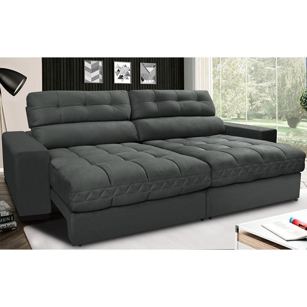 Sofá Retrátil E Reclinável Com Molas Ensacadas Cama Inbox Master 2,52m Tecido Suede Cinza
