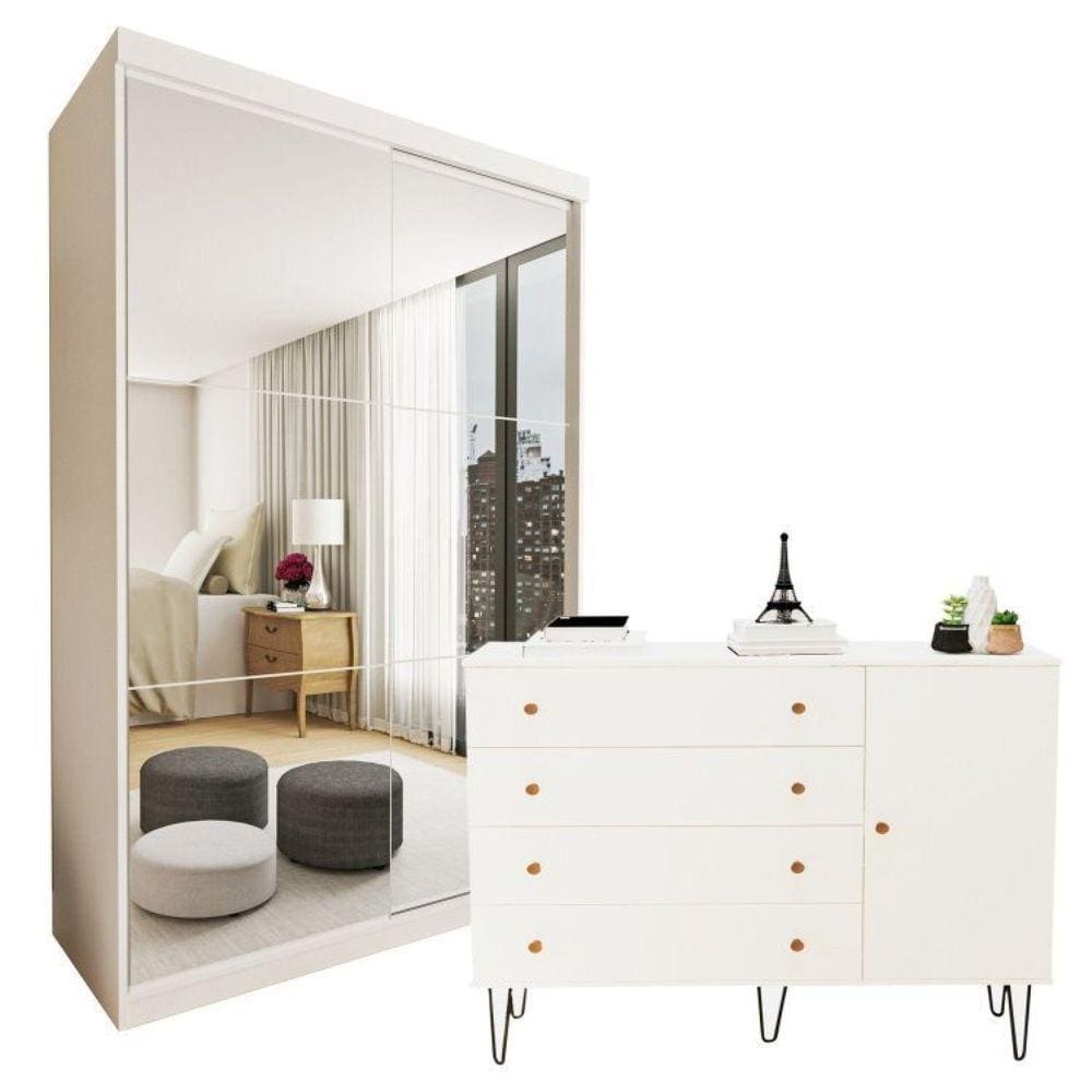 Conjunto Guarda-Roupa Solteiro 2 Portas de Correr e Cômoda 1 Porta 4 Gavetas Branco