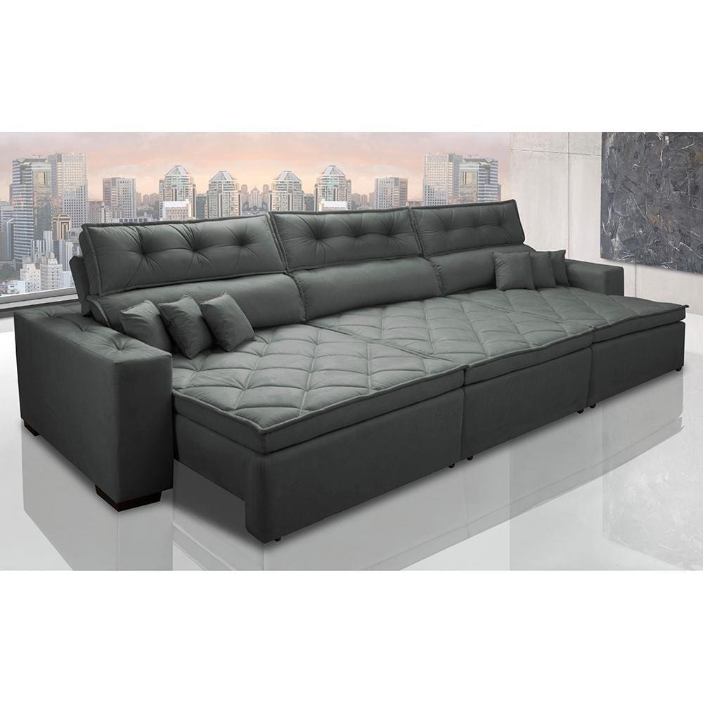 Sofá Retrátil E Reclinável 3,52m Austin Com Molas No Assento Tecido Suede Velusoft Cinza