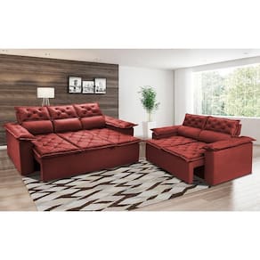 Conjunto De Sofá 3 E 2 Lugares Retrátil Reclinável Cama Inbox Compact 2,00x1,50m Velusoft Vermelho