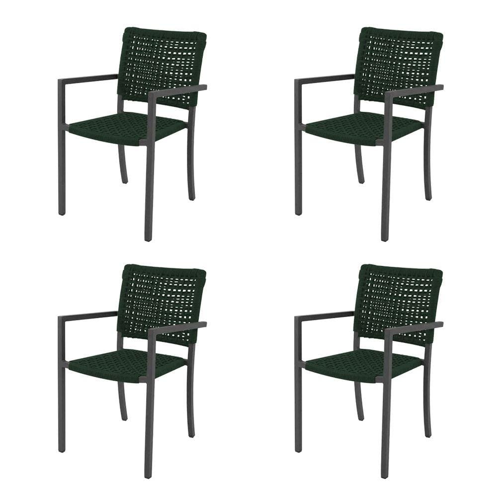 Kit 4 Cadeiras Marília Corda Náutica Base em Alumínio Preto/verde Musgo