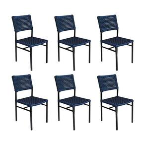 Kit 6 Cadeiras França Corda Náutica Base em Alumínio Preto/azul Marinho