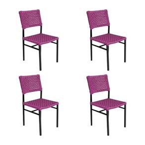 Kit 4 Cadeiras França Corda Náutica Base em Alumínio Preto/rosa