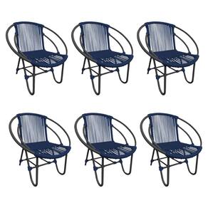 Kit 6 Cadeiras Decorativa Julia em Corda Náutica e Base em Alumínio Preta/ Azul Marinho