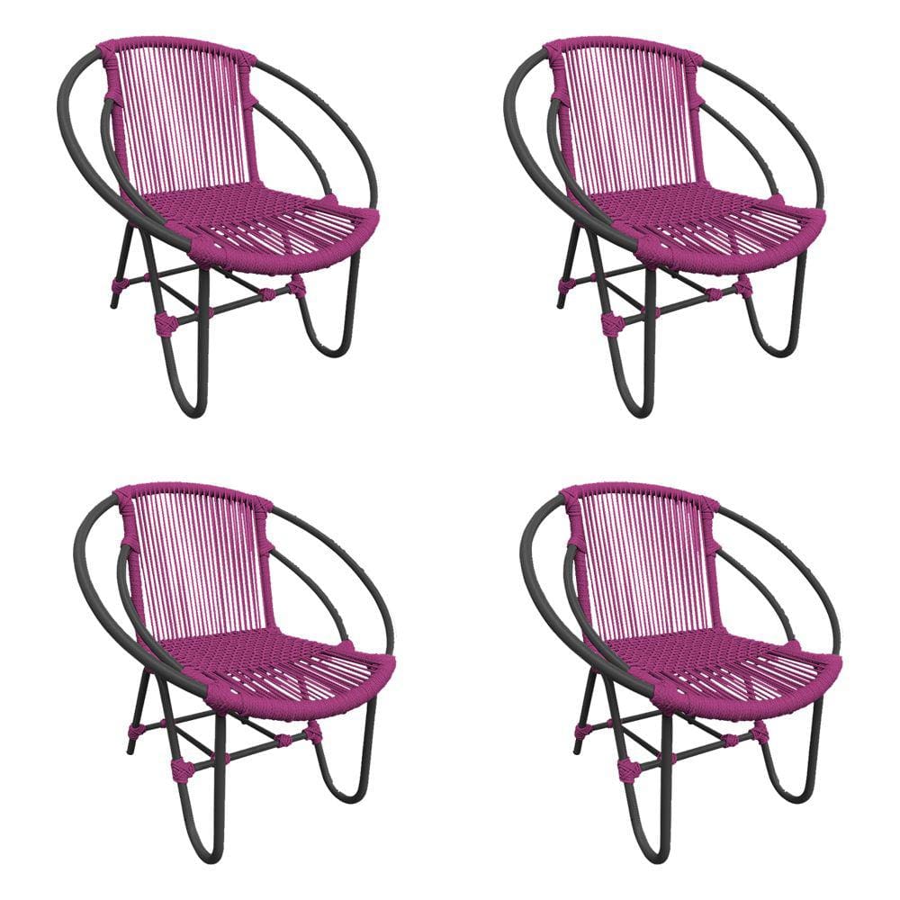 Kit 4 Cadeiras Decorativa Julia em Corda Náutica e Base em Alumínio Preta/ Rosa