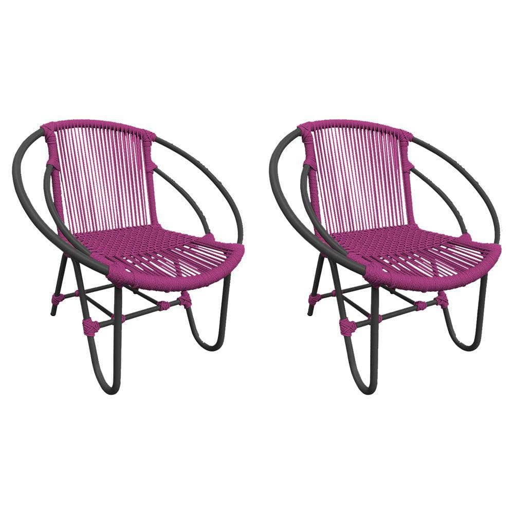 Kit 2 Cadeiras Decorativa Julia em Corda Náutica e Base em Alumínio Preta/ Rosa