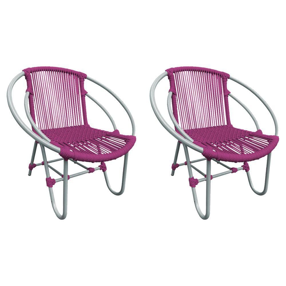 Kit 2 Cadeiras Decorativa Julia em Corda Náutica e Base em Alumínio Cinza/ Rosa