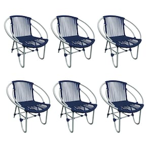 Kit 6 Cadeiras Decorativa Julia em Corda Náutica e Base em Alumínio Cinza/ Azul Marinho