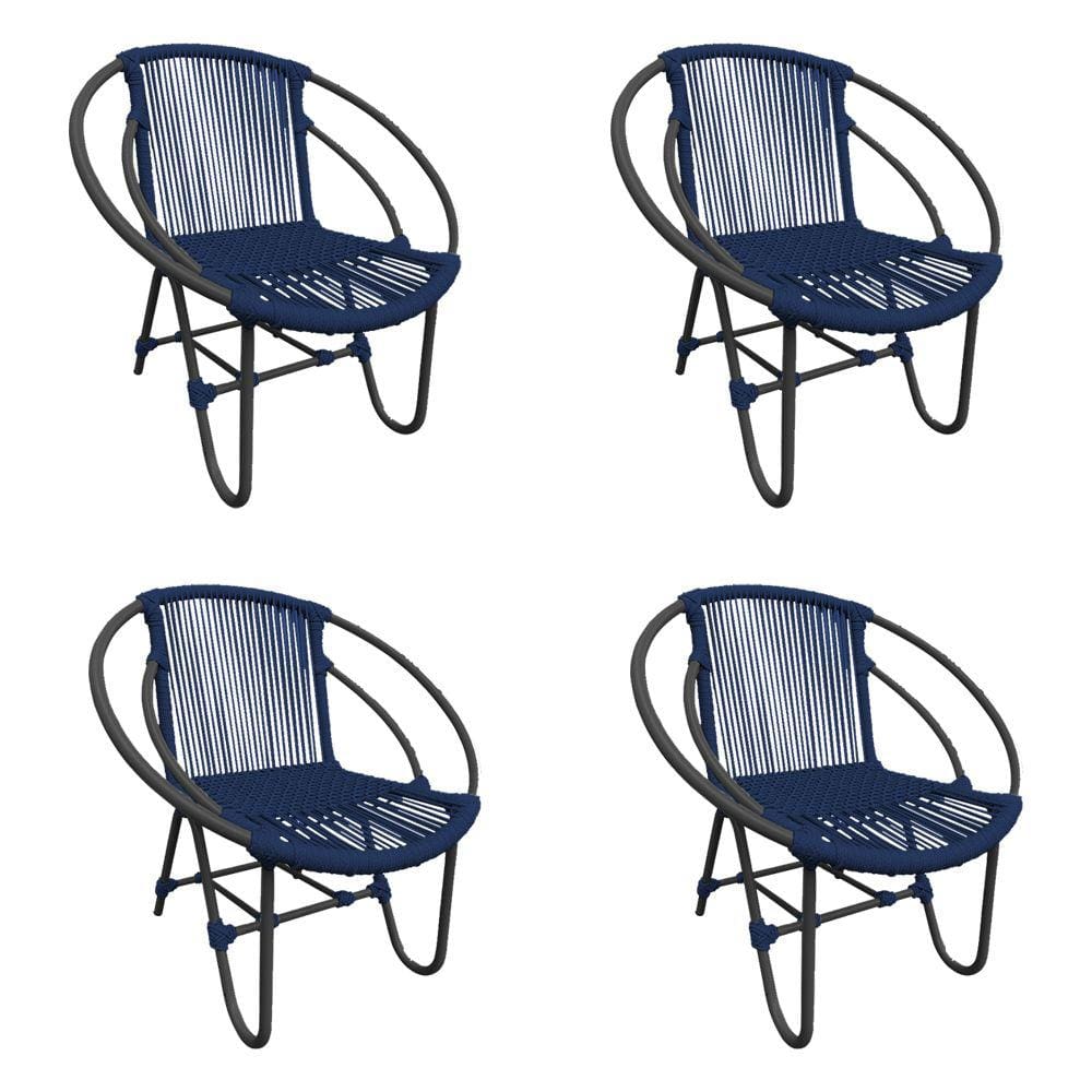 Kit 4 Cadeiras Decorativa Julia em Corda Náutica e Base em Alumínio Preta/ Azul Marinho