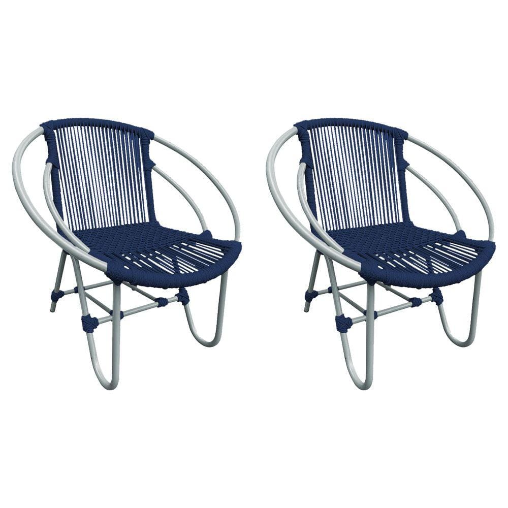 Kit 2 Cadeiras Decorativa Julia em Corda Náutica e Base em Alumínio Cinza/ Azul Marinho