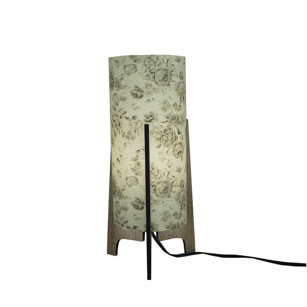 Abajur Tripé Madeira Marrom Cúpula Tecido Florido Tons Bege