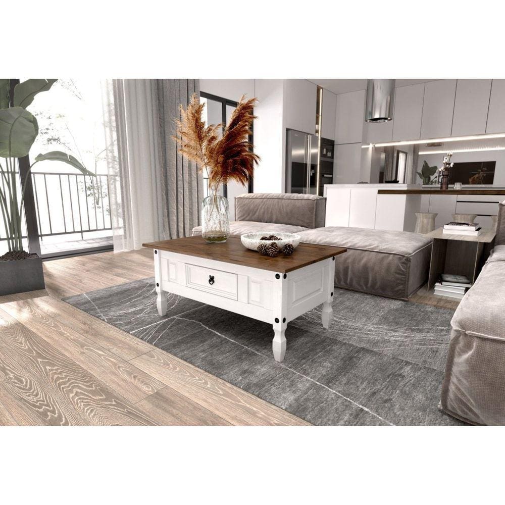 Mesa de Centro Retangular com 1 Gaveta em Madeira Maciça Branco/Nogal