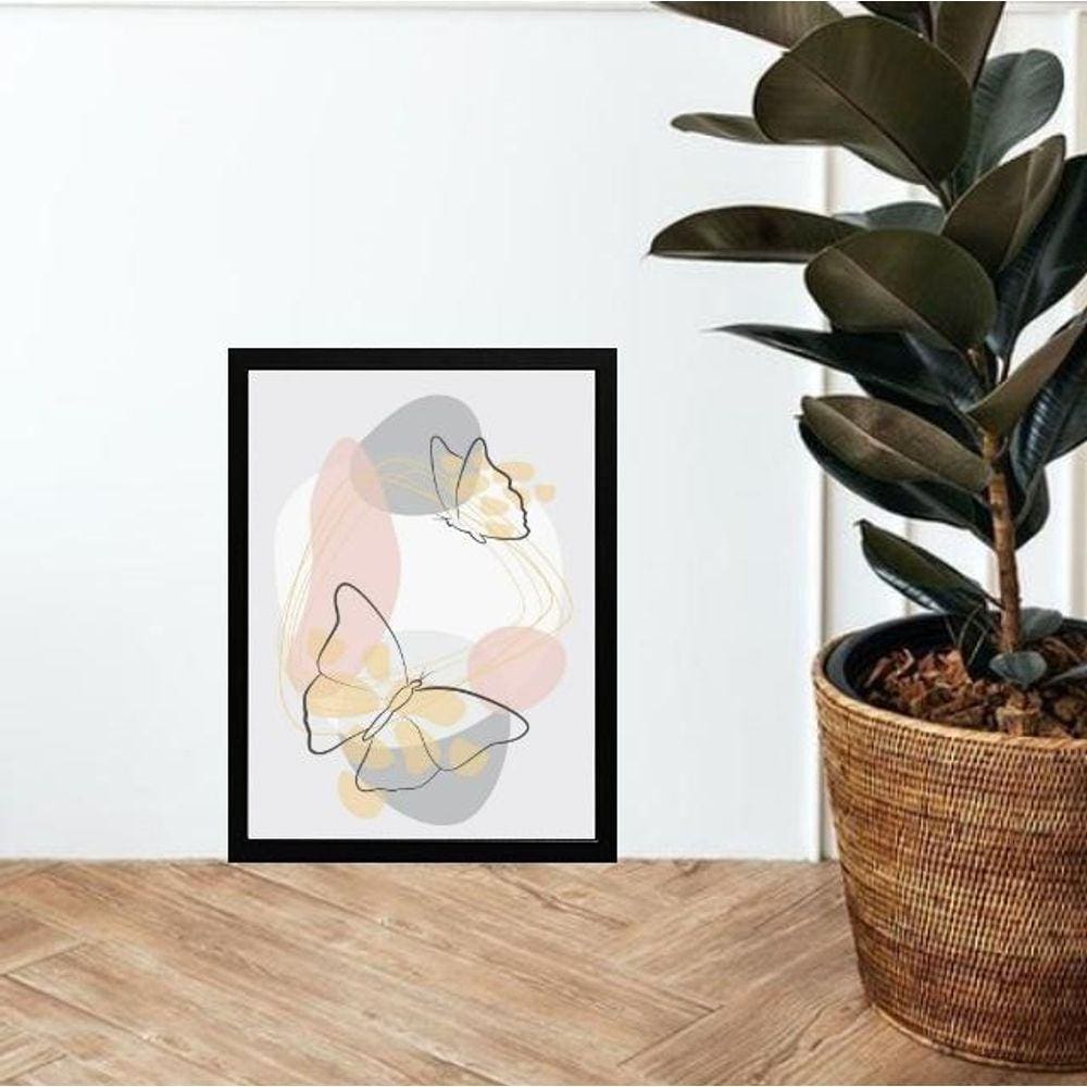 Quadro Abstrato Borboletas Rosa E Cinza 24X18Cm