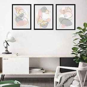 Kit 3 Quadros Borboletas Abstratas Rosa E Cinza 45X34Cm