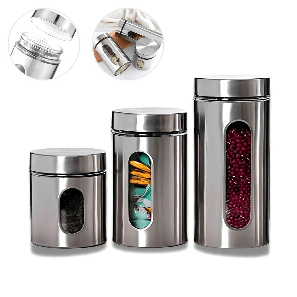 Jogo Potes Porta Mantimento Hermetico 3 Tamanhos Vidro Aço Inox Porta Alimento Graos Massas Cozinha Temperos Fruta Seca
