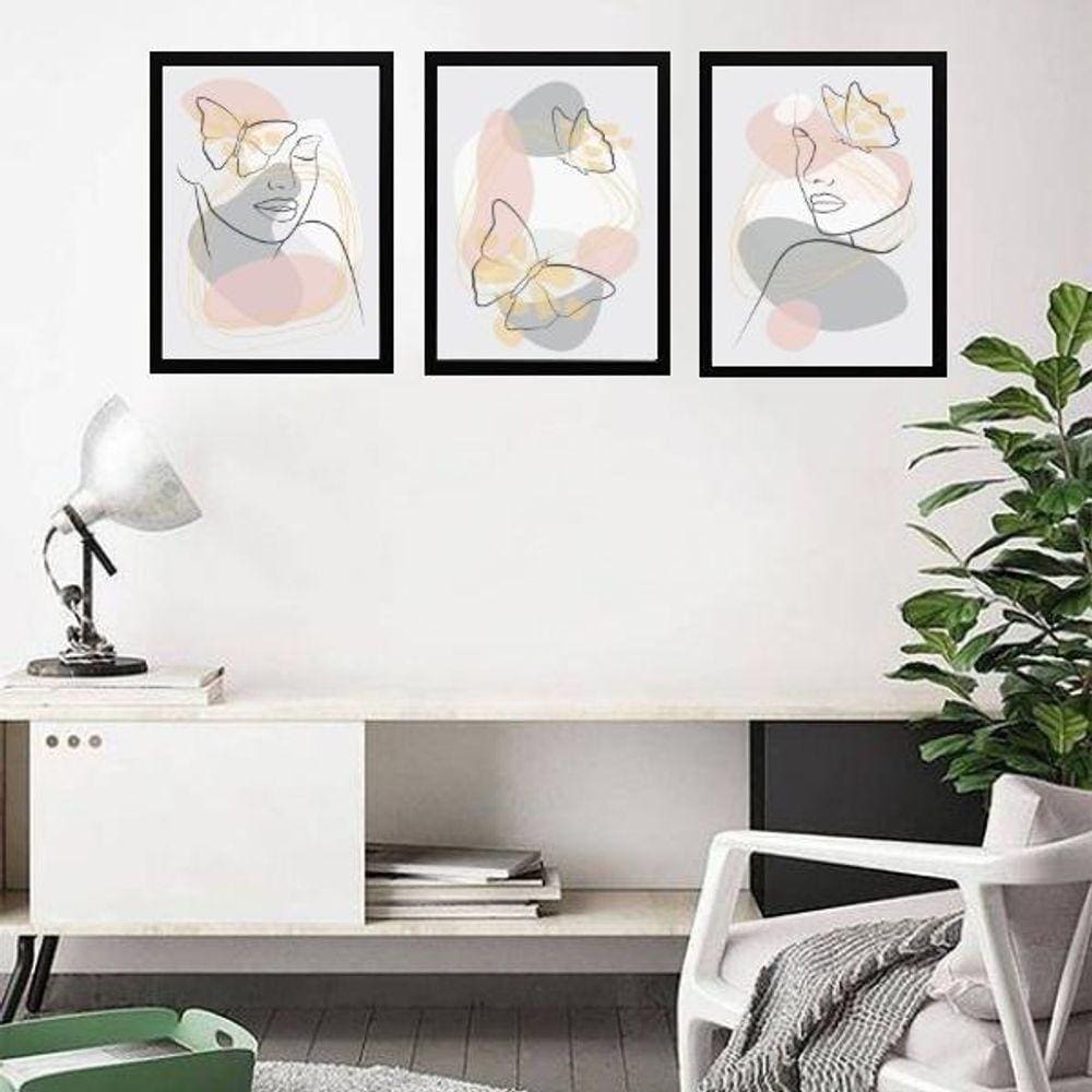 Kit 3 Quadros Borboletas Abstratas Rosa E Cinza 24X18Cm
