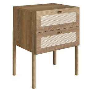 Mesa de Cabeceira Oslo Artesano 48 cm (largura) em MDP Palha Natural Duas Gavetas Base Metal