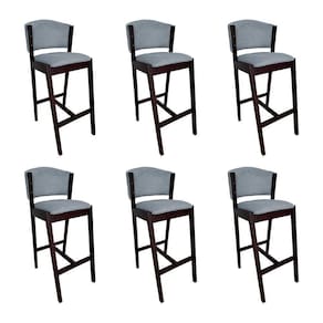 Kit 6 Banquetas Alta De Madeira Maciça Castanho Premium Ana Com Encosto Linho Cinza - Cor: Cinza