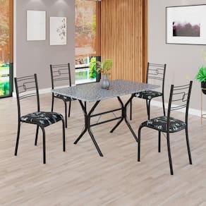Conjunto Sala de Jantar Mesa Retangular 100x60cm Tampo Granito Ocre 4 Cadeiras Paraty Preto Floral / Preto Fosco