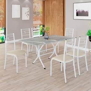 Conjunto Sala de Jantar Mesa Retangular 140x75cm Tampo Granito Topázio 6 Cadeiras Paraty Creme / Branco