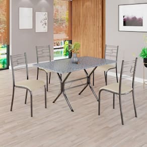 Conjunto Sala de Jantar Mesa Retangular 120x75cm Tampo Granito Ocre 4 Cadeiras Paraty Creme / Mart Prata