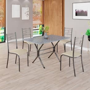 Conjunto Sala de Jantar Mesa Retangular 100x60cm Tampo Granito Ocre 4 Cadeiras Paraty Creme / Mart Prata