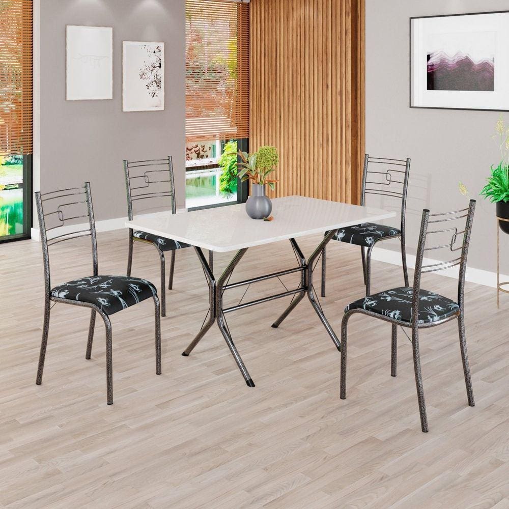 Conjunto Sala de Jantar Mesa Retangular 100x60cm Tampo Madeira Mdp 4 Cadeiras Paraty Preto Floral / Mart Prata