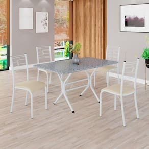 Conjunto Sala de Jantar Mesa Retangular 120x75cm Tampo Granito Ocre 4 Cadeiras Paraty Creme / Branco