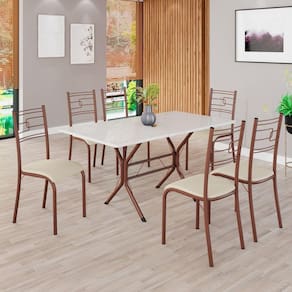 Conjunto Sala de Jantar Mesa Retangular 140x75cm Tampo Madeira Mdp Off White 6 Cadeiras Paraty Creme / Marrom