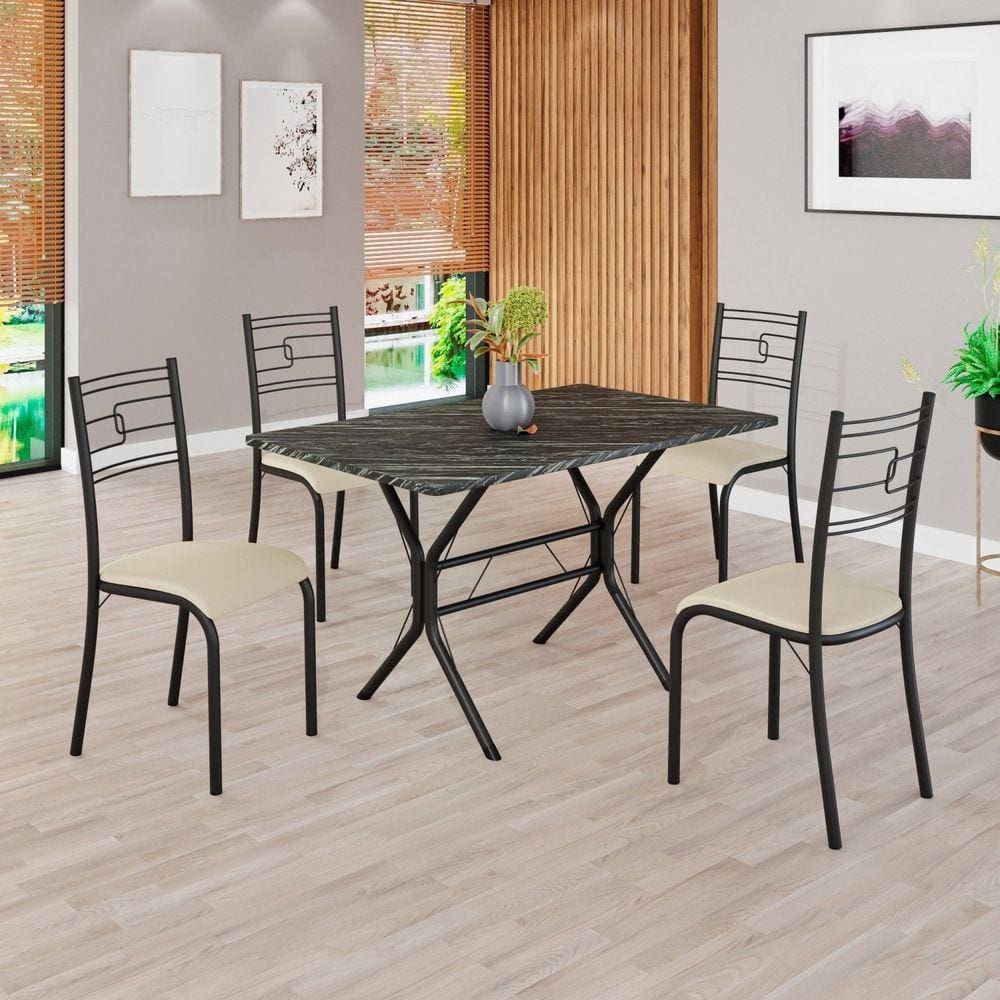 Conjunto Sala de Jantar Mesa Retangular 100x60cm Tampo Pedra Ardósia Indiana 4 Cadeiras Paraty Creme / Preto Fosco