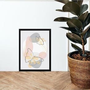 Quadro Abstrato Borboletas Rosa E Cinza 24X18Cm - Com Vidro