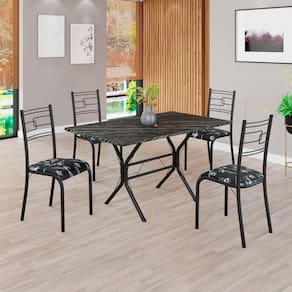 Conjunto Sala de Jantar Mesa Retangular 120x75cm Tampo Madeira Mdp Ardósia Indiana 4 Cadeiras Paraty Preto Floral / Preto Fosco