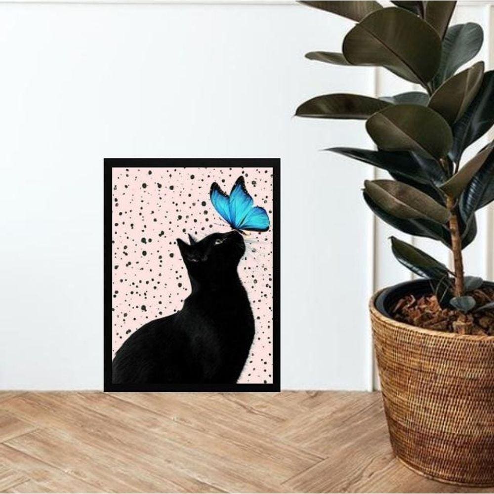 Quadro Gato Com Borboleta Azul 24X18Cm - Com Vidro