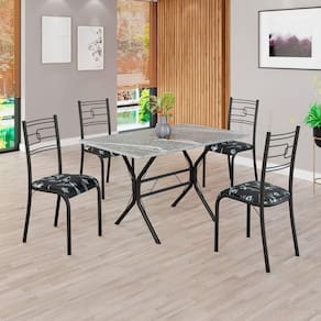 Conjunto Sala de Jantar Mesa Retangular 100x60cm Tampo Granito Topázio 4 Cadeiras Paraty Preto Floral / Preto Fosco