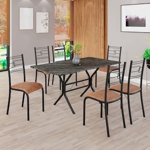 Conjunto Sala de Jantar Mesa Retangular 140x75cm Tampo Pedra Ardósia Indiana 6 Cadeiras Paraty C. Marrom / Preto Fosco