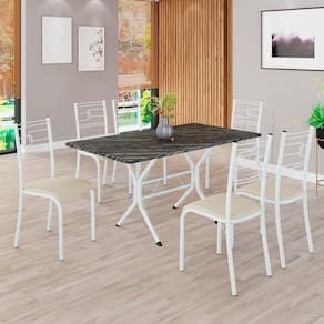 Conjunto Sala de Jantar Mesa Retangular 140x75cm Tampo Pedra Ardósia Indiana 6 Cadeiras Paraty Creme / Branco